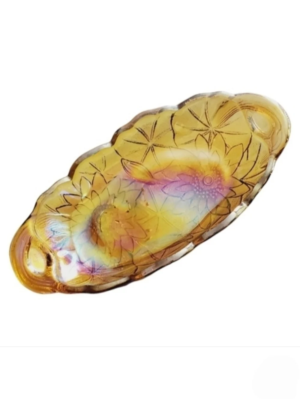 Indiana Glass Carnival Iridescent Amber Pickle Relish Dish Vintage